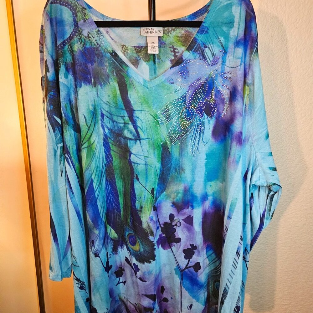 Liz & Me for Catherines Blue Peacock Bling Women's Top/Size 4X